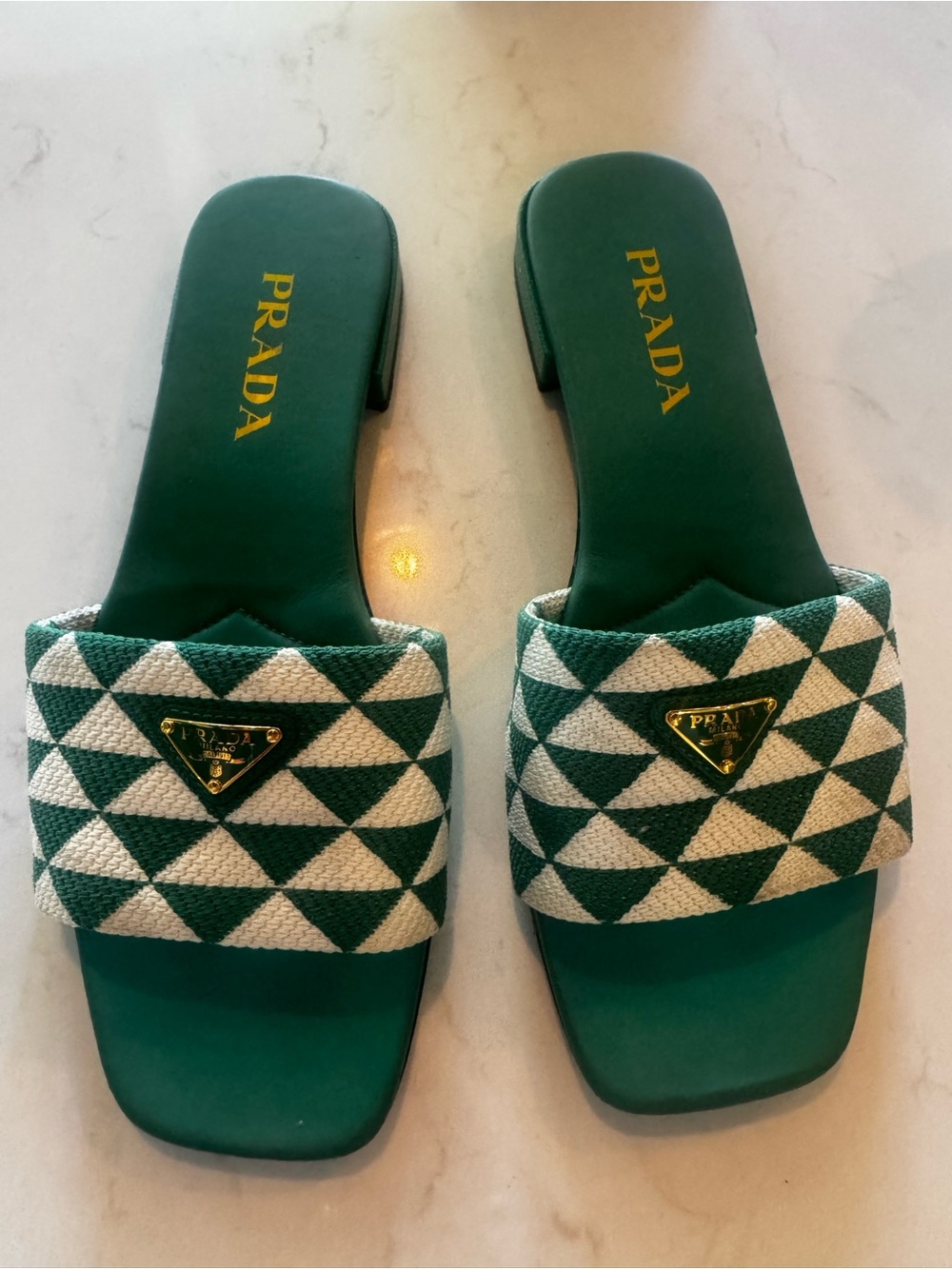 Prada Green and White Geometric Slide Mules